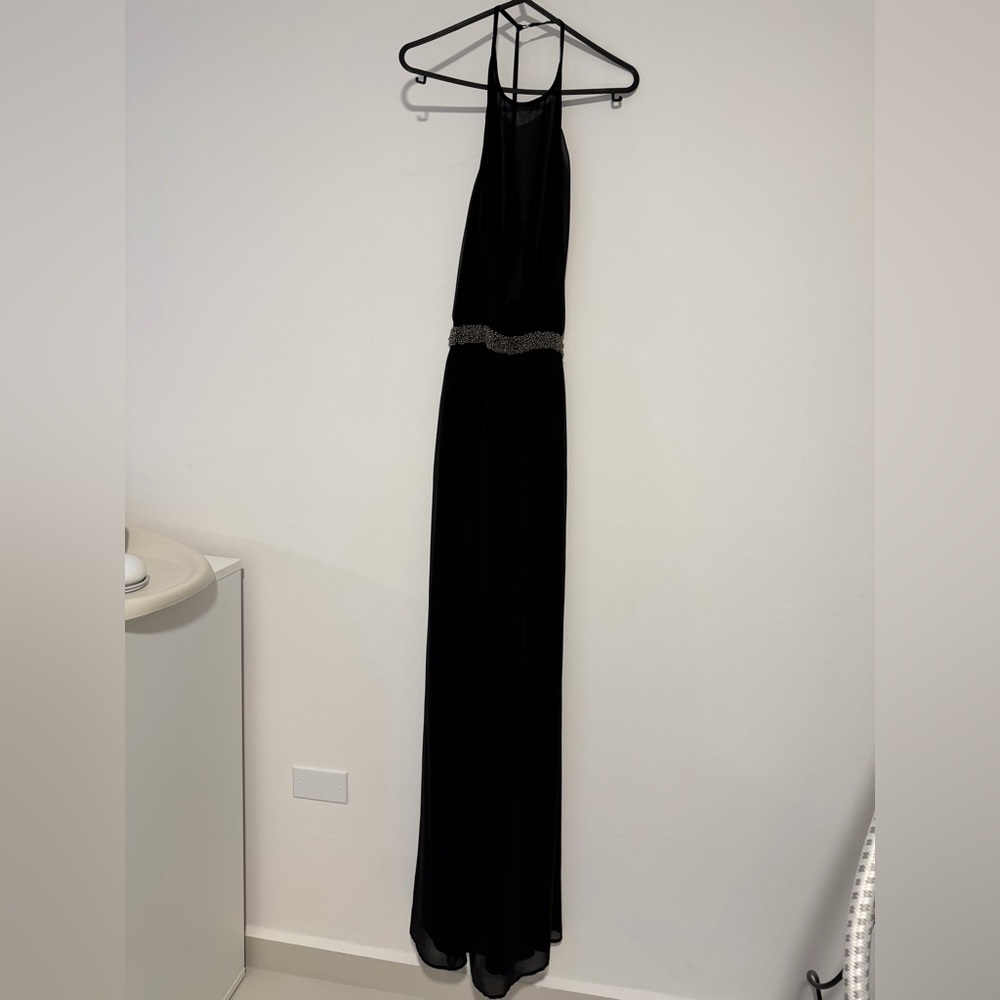 Elegant Halter Black Evening Gown — open back